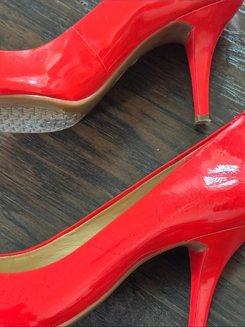 Michael Kors Orangy Red Patent Pointed-Toe Statement Heels